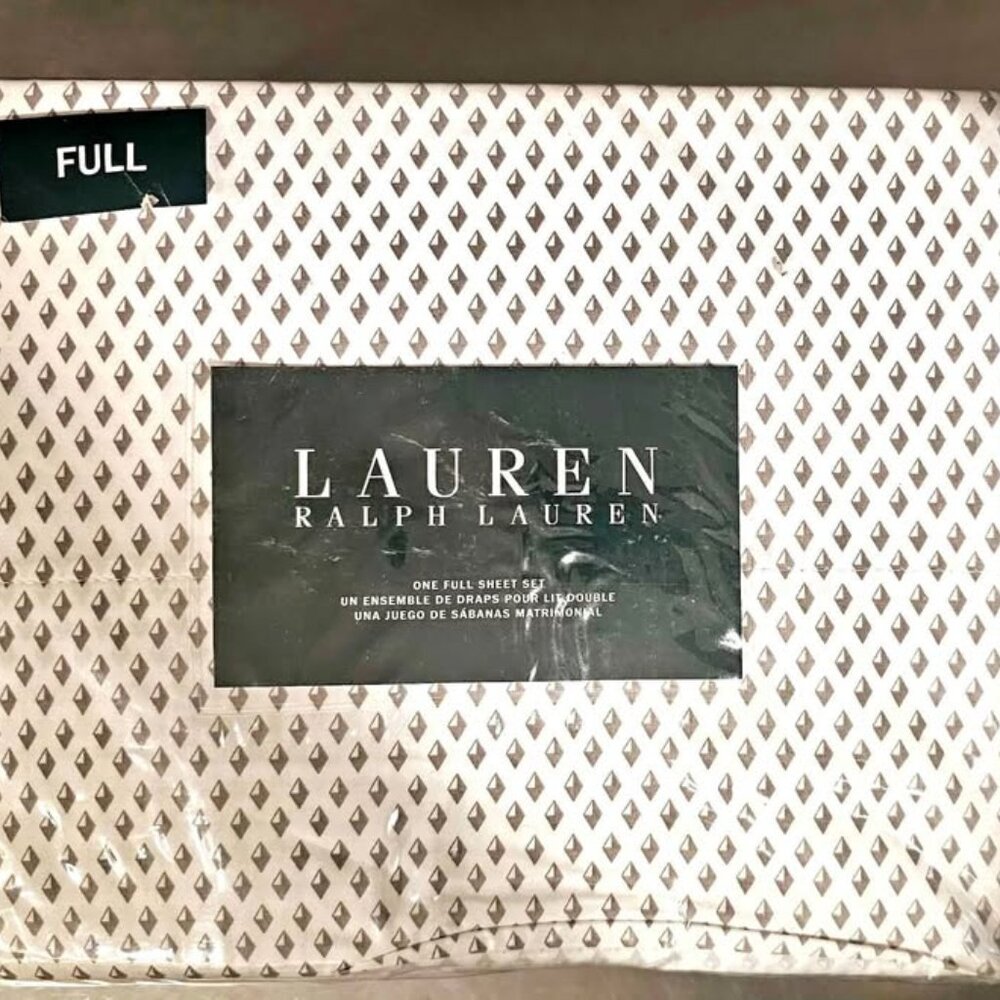 NWT RALPH LAUREN White with Grey Diamond FULL SHEET SET 100%. Extra Deep Fitted